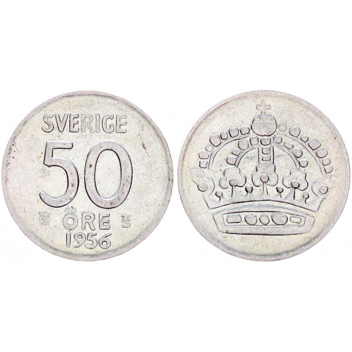 Швеция 50 Эре 1956 год Серебро aUNC KM# 825 63-ий Король Густав VI