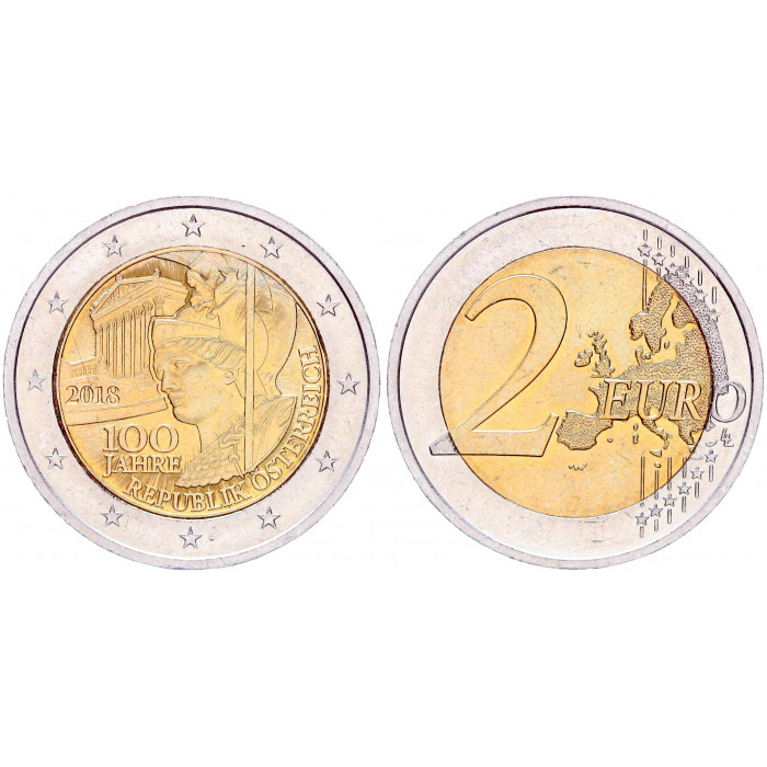 Австрия 2 Евро 2018 год UNC KM# 3275 100 лет Австрийской Республике Биметалл