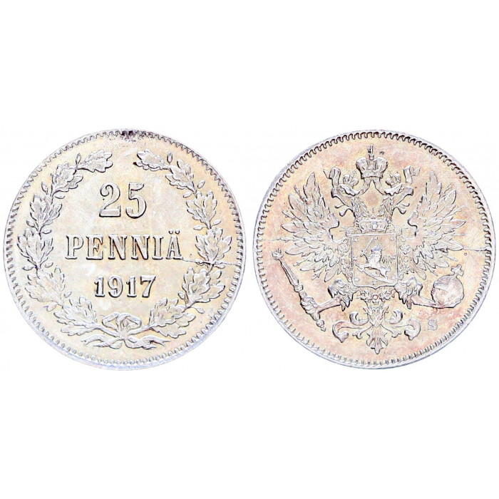 Россия Финляндия 25 Пенни 1917 S год Серебро UNC Бит# 422 Орёл с тремя коронами