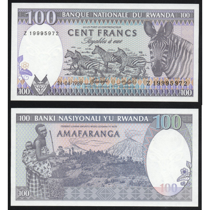 Руанда 100 Франков 1989 год UNC ПРЕСС P# 19a.2