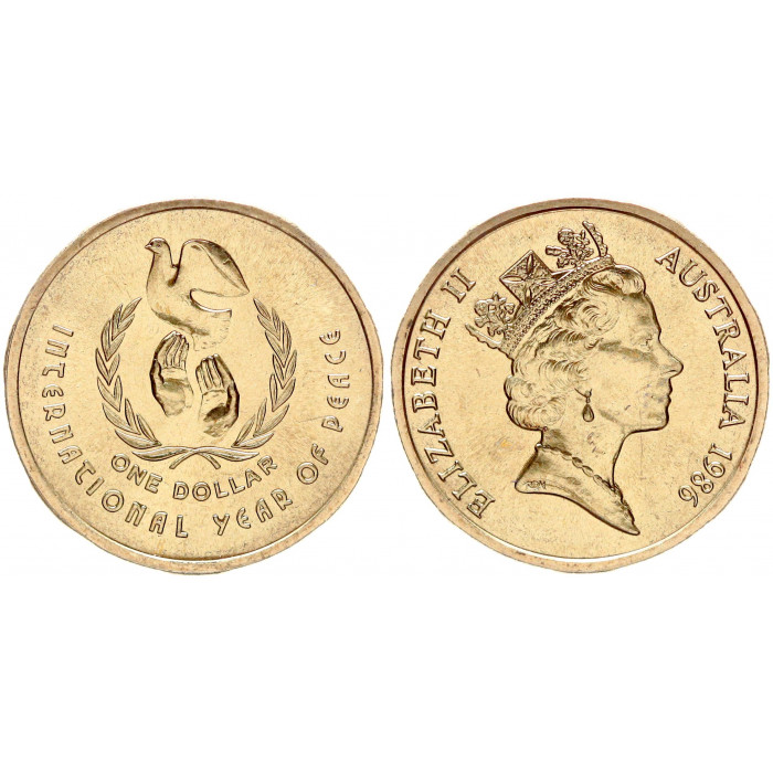 Австралия 1 Доллар 1986 год UNC KM# 87 Международный год мира Елизавета II Фауна Птица