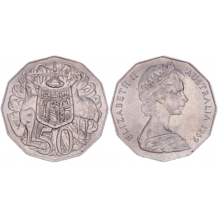 Австралия 50 Центов 1969 год UNC KM# 68 Елизавета II Молодая Королева