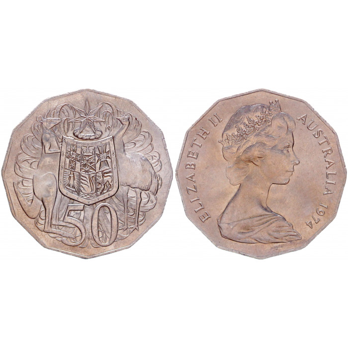 Австралия 50 Центов 1974 год UNC KM# 68 Елизавета II Молодая Королева