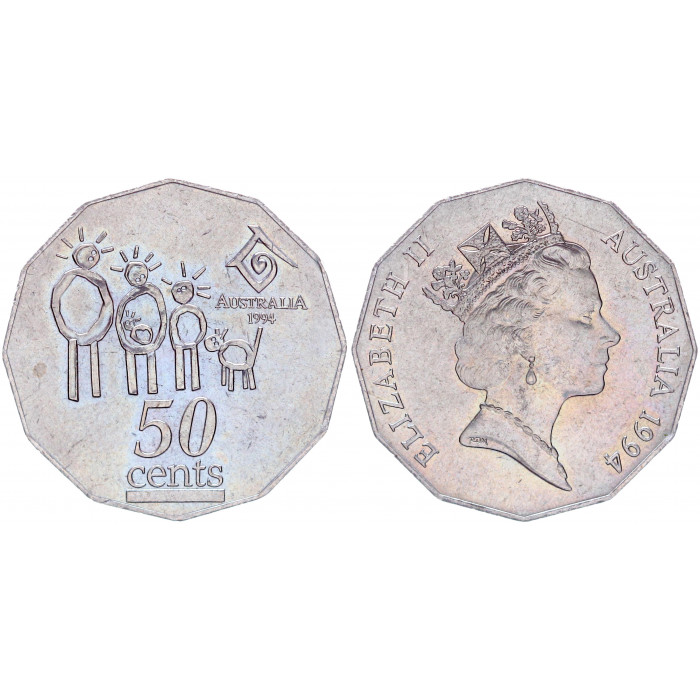 Австралия 50 Центов 1994 год UNC KM# 257 Международный год семьи Елизавета II