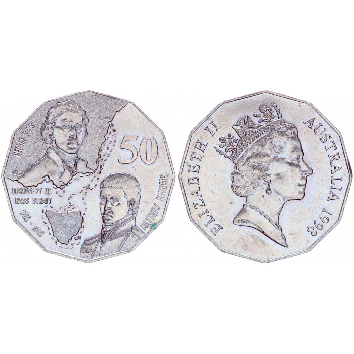 Австралия 50 Центов 1998 год UNC KM# 364 200-летие путешествия Джорджа Басса и Мэтью Флиндерса Тасмания Елизавета II