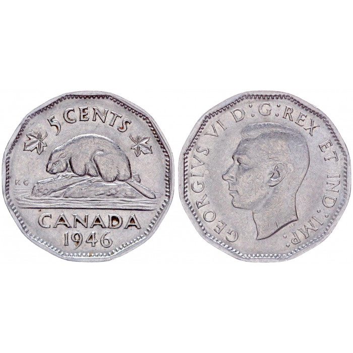 Канада 5 Центов 1946 год XF KM# 39a Фауна Бобр Георг VI 