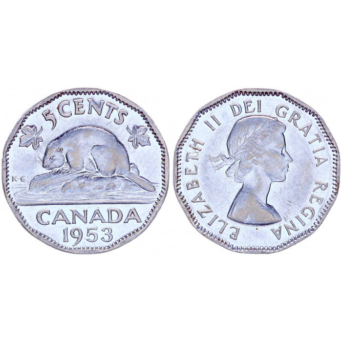 Канада 5 Центов 1953 год aUNC KM# 50 Фауна Бобр Елизавета II