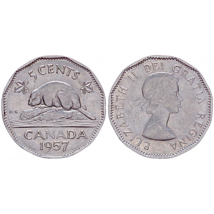 Канада 5 Центов 1957 год XF KM# 50a Фауна Бобр Елизавета II