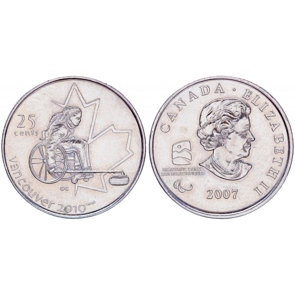 Купить монету Канада 25 Центов 2007 год UNC KM# 684 Кёрлинг на колясках X Зимние  Паралимпийские игры Ванкувер 2010 за 169р.