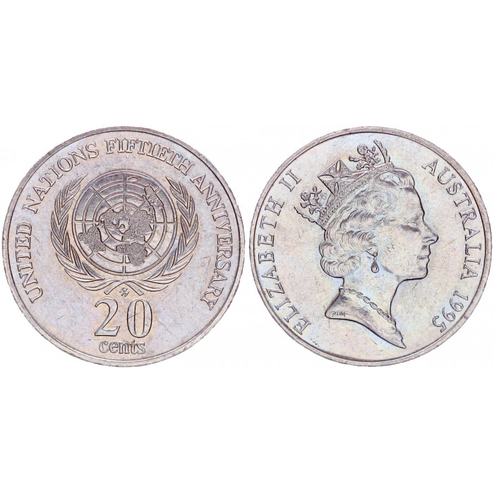 Австралия 20 Центов 1995 год UNC KM# 295 50-я годовщина Организации Объединенных Наций Елизавета II