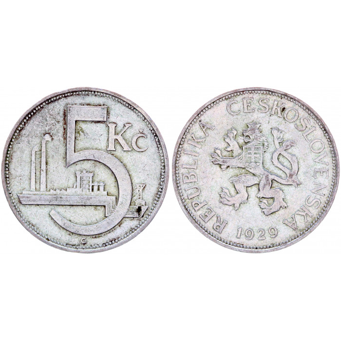 Чехословакия 5 Крон 1929 год Серебро XF- KM# 11 Богемский лев