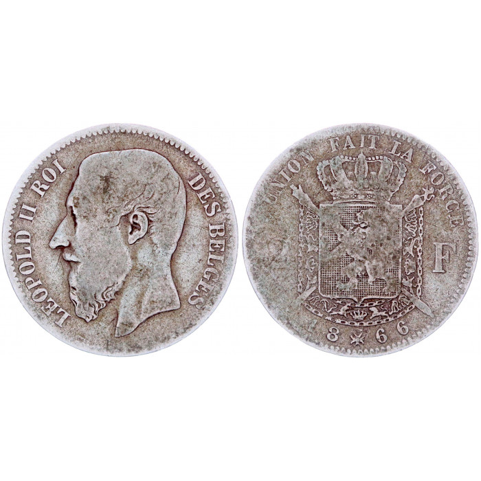Бельгия 2 Франка 1866 год Серебро VF+ KM# 30.1 2-ой Король Леопольд II