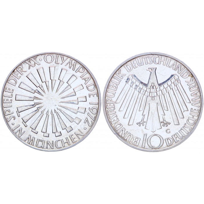 Германия ФРГ 10 Марок 1972 G год Серебро aUNC KM# 134.1 Эмблема IN MUNCHEN XX Летние Олимпийские игры 1972 года в Мюнхене