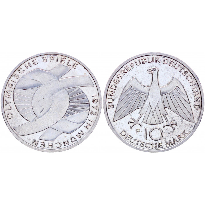 Германия ФРГ 10 Марок 1972 G год Серебро aUNC KM# 131 XX Сплетенные рукава Летние Олимпийские игры 1972 года в Мюнхене