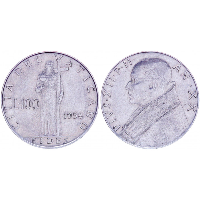 Ватикан 100 Лир 1958 год XF KM# 55 260-ый Папа Пий XII