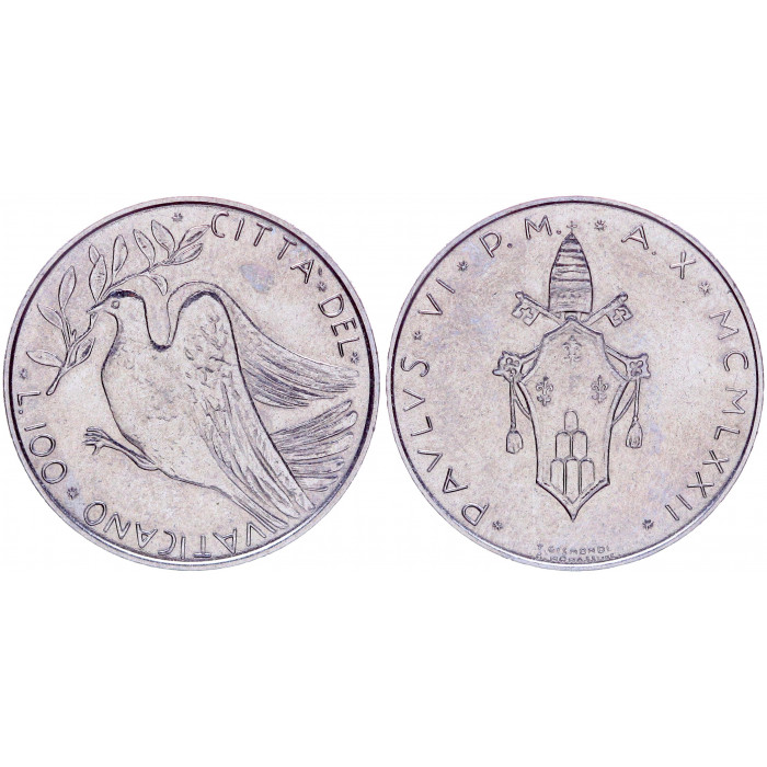 Ватикан 100 Лир 1972 год XF KM# 122 Голубь мира 262-ой Папа Римский Павел VI