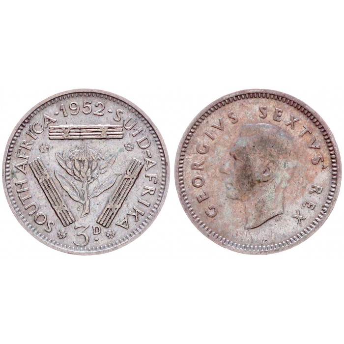 ЮАР 3 Пенса 1952 год Серебро XF KM# 35.2 Британский Доминион Георг VI