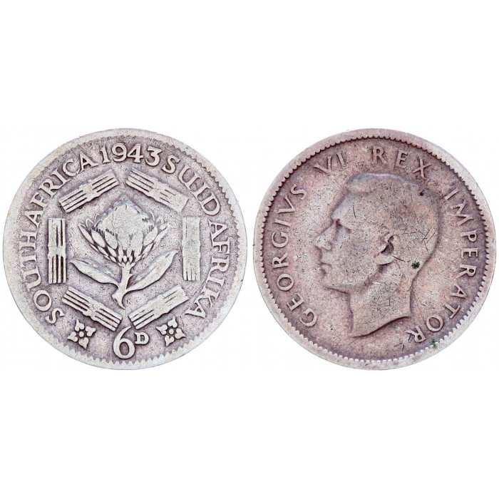 ЮАР 6 Пенсов 1943 год Серебро XF KM# 27 Британский Доминион Георг VI