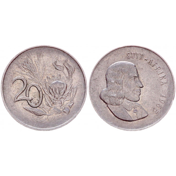 ЮАР 20 Центов 1965 год XF KM# 69.2 Королевская протея Ян ван Рибек. Надпись на языке африкаанс "SUID-AFRIKA"