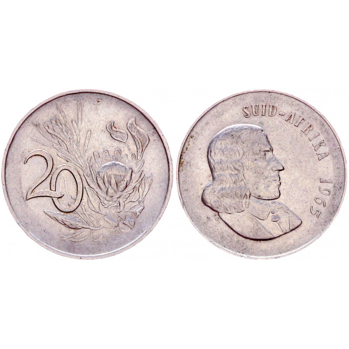 ЮАР 20 Центов 1965 год XF KM# 69.2 Королевская протея Ян ван Рибек. Надпись на языке африкаанс "SUID-AFRIKA"