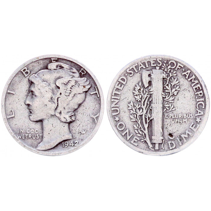 США 10 Центов 1942 год Серебро XF KM# 140 Дайм Меркурий