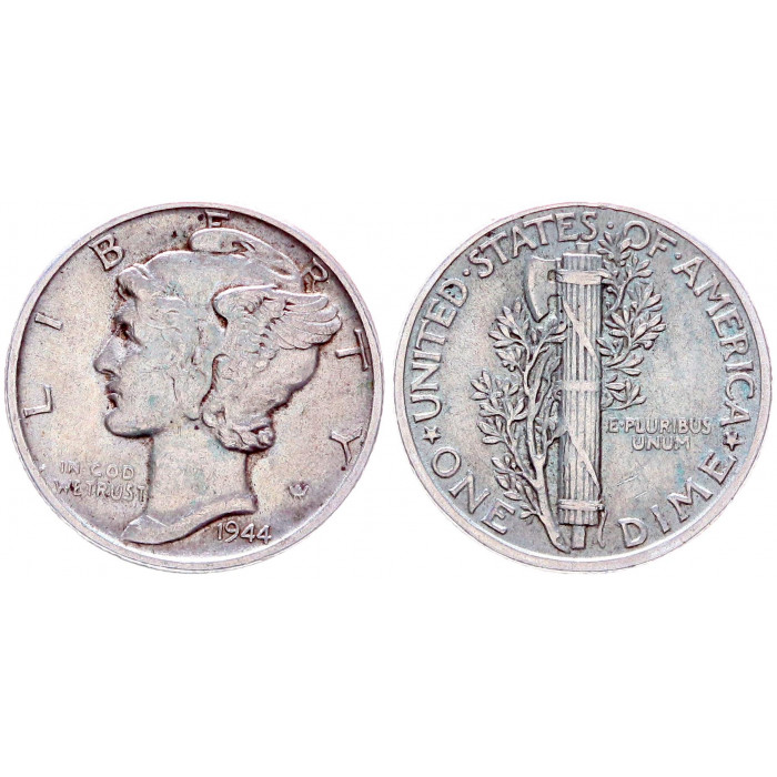 США 10 Центов 1944 год Серебро XF KM# 140 Дайм Меркурий