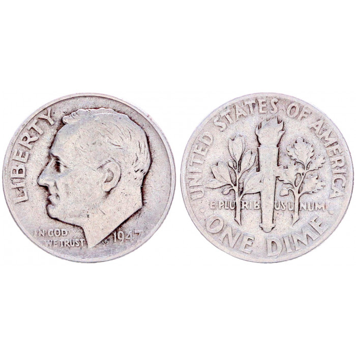 США 10 Центов 1947 год Серебро XF KM# 195 Рузвельт Дайм