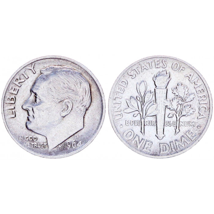 США 10 Центов 1964 год Серебро XF KM# 195 Рузвельт Дайм