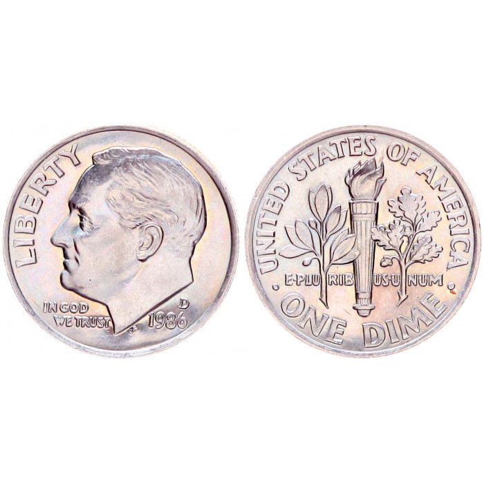 США 10 Центов 1986 D год UNC KM# 195a Рузвельт Дайм