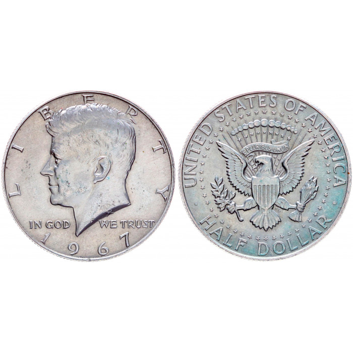 США 50 Центов 1967 год Серебро aUNC KM# 202a Джон Фицджеральд Кеннеди 1/2 Доллара Халф