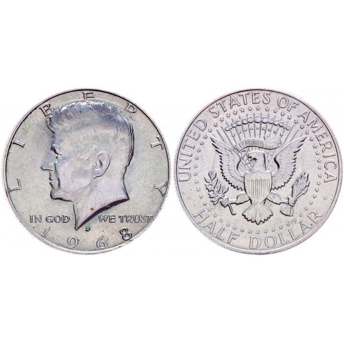 США 50 Центов 1968 D год Серебро aUNC KM# 202a Джон Фицджеральд Кеннеди 1/2 Доллара Халф