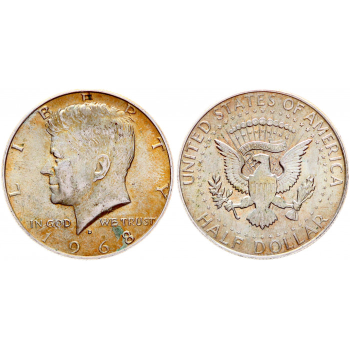 США 50 Центов 1968 D год Серебро UNC KM# 202a Джон Фицджеральд Кеннеди 1/2 Доллара Халф Патина