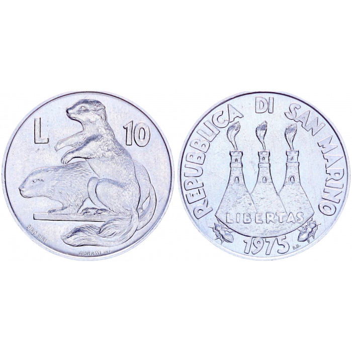Сан-Марино 10 Лир 1975 R год UNC KM# 43 Любовь у животных. Фауна