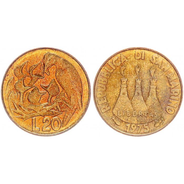 Сан-Марино 20 Лир 1975 R год UNC KM# 44 Любовь у животных. Фауна. Птицы
