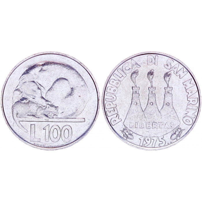 Сан-Марино 100 Лир 1975 R год UNC KM# 46 Любовь у животных