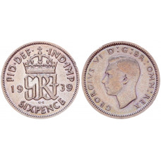 Великобритания 6 Пенсов 1939 год Серебро XF KM# 852 Георг VI