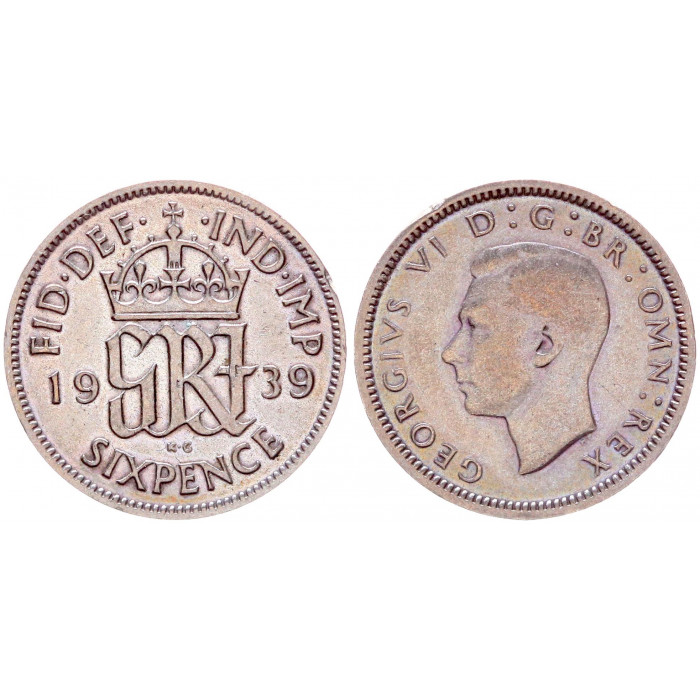 Великобритания 6 Пенсов 1939 год Серебро XF KM# 852 Георг VI
