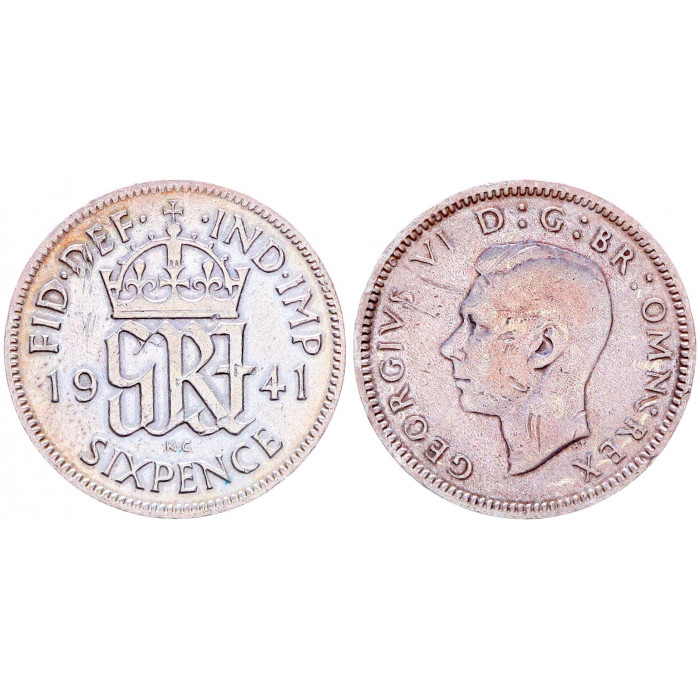 Великобритания 6 Пенсов 1941 год Серебро XF KM# 852 Георг VI