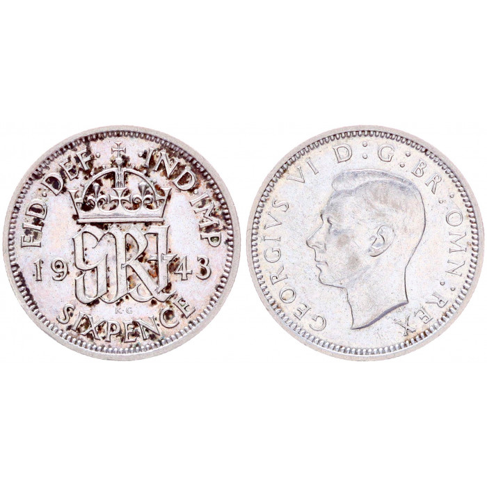 Великобритания 6 Пенсов 1943 год Серебро XF KM# 852 Георг VI