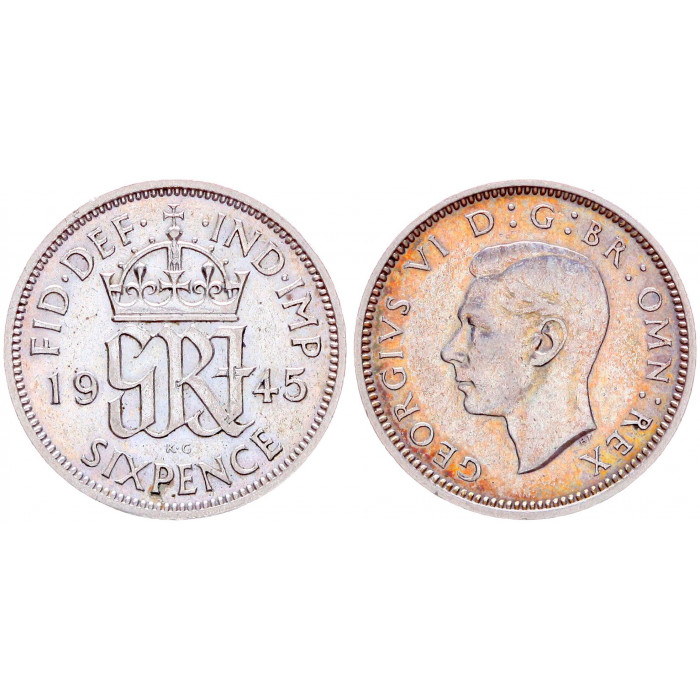 Великобритания 6 Пенсов 1945 год Серебро XF KM# 852 Георг VI