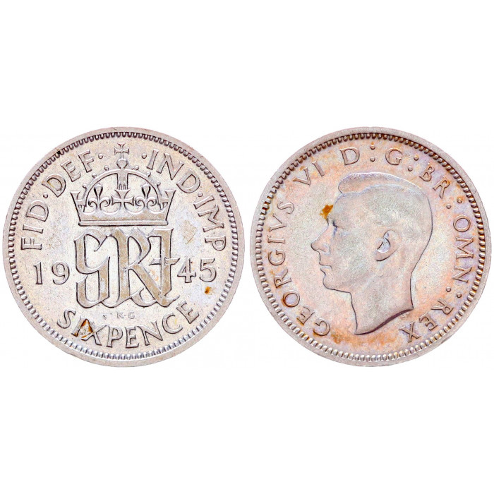Великобритания 6 Пенсов 1945 год Серебро XF KM# 852 Георг VI