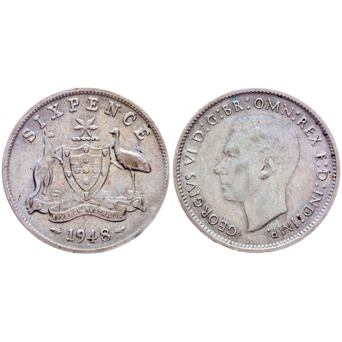 Австралия 6 Пенсов 1948 год Серебро XF KM# 38a Георг VI