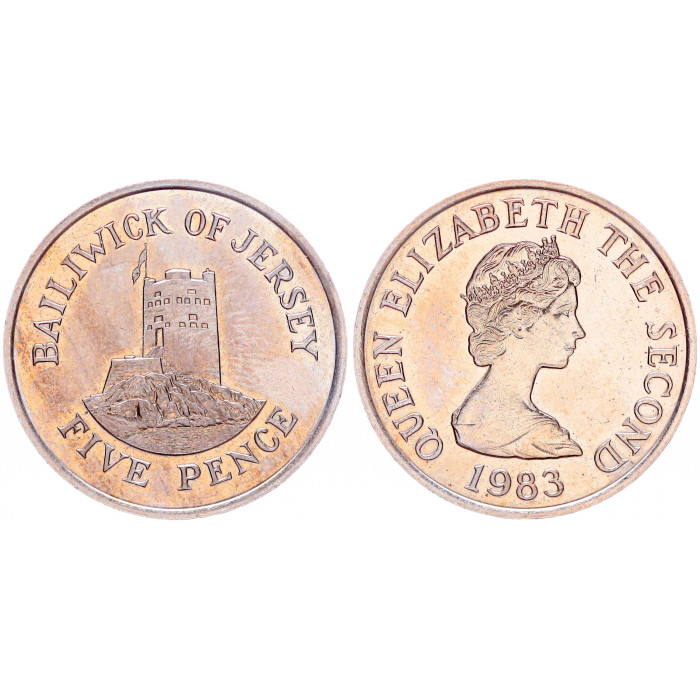 Джерси 5 Пенсов 1983 год UNC KM# 56.1 Сторожевая башня в Сент-Клементсе Елизавета II