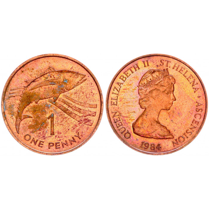 Острова Святой Елены и Вознесения 1 Пенни 1984 год UNC KM# 1 Фауна. Тунец Елизавета II