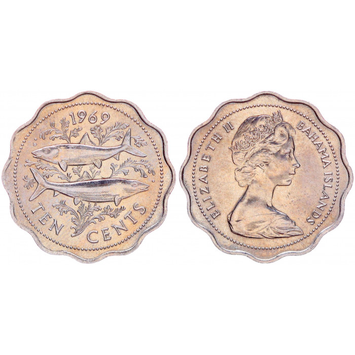 Багамские Острова 10 Центов 1969 год UNC KM# 4 Фауна Альбула