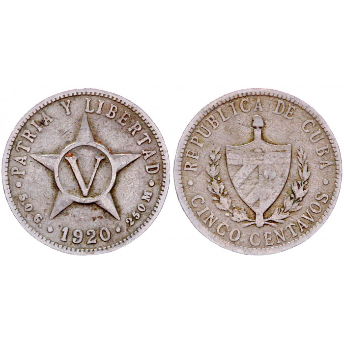 Куба 5 Сентаво 1920 год  XF KM# 11.1 Звезда. Точка " 5 . 0  G"