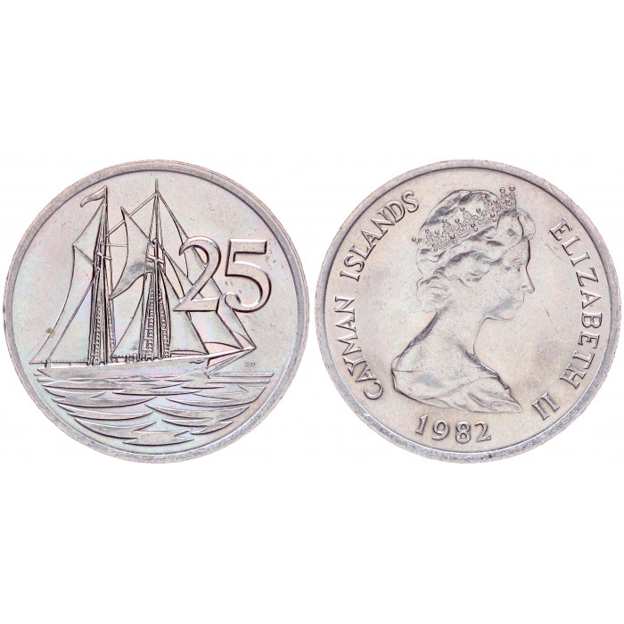 Каймановы Острова 25 Центов 1982 год UNC KM# 4 Двухмачтовая Каймановая шхуна Елизавета II