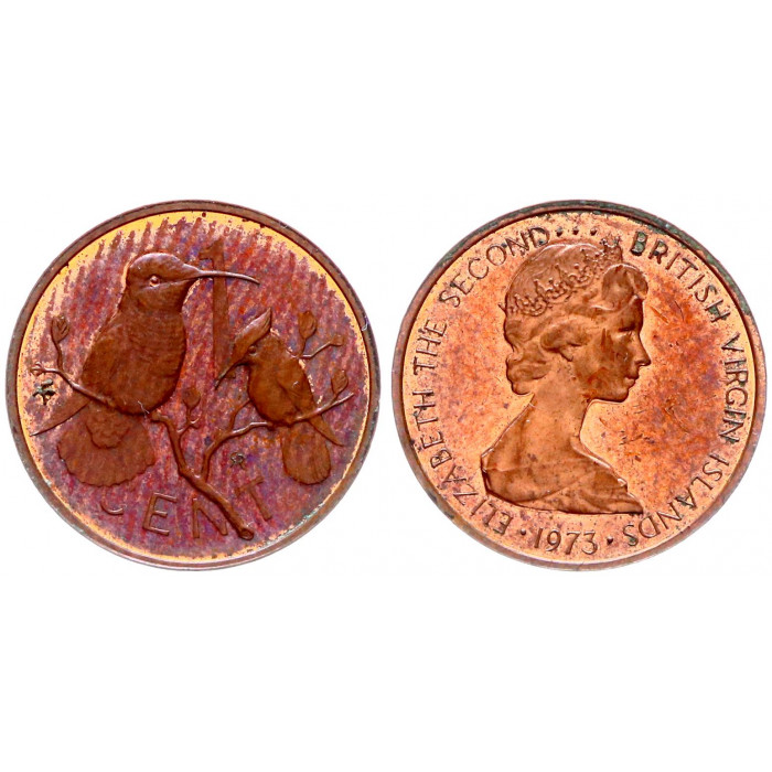 Британские Виргинские острова 1 Цент 1973 год UNC KM# 1 Фауна Карибский и хохлатый колибри Елизавета II