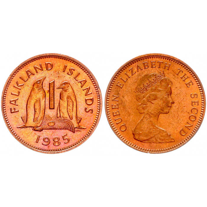 Фолклендские Острова 1 Пенни 1985 год UNC KM# 2 Фауна Пингвины Королева Елизавета II