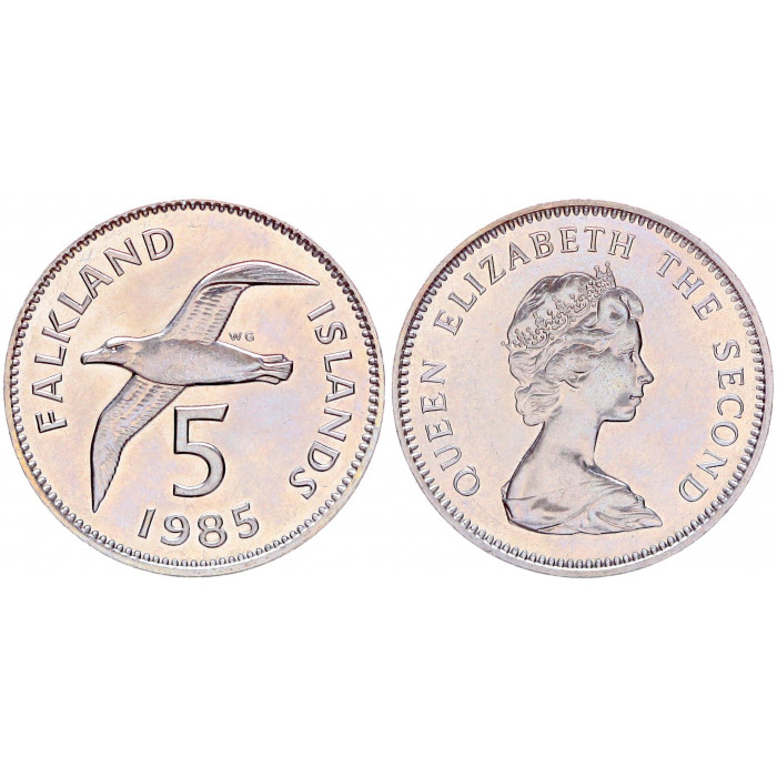 Фолклендские Острова 5 Пенсов 1985 год UNC KM# 4.1 Фауна Чернобровый альбатрос Королева Елизавета II